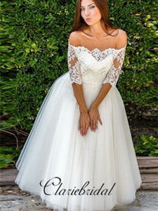 Off Shoulder Half Sleeves A-line Ivory Tulle Long Wedding Dresses