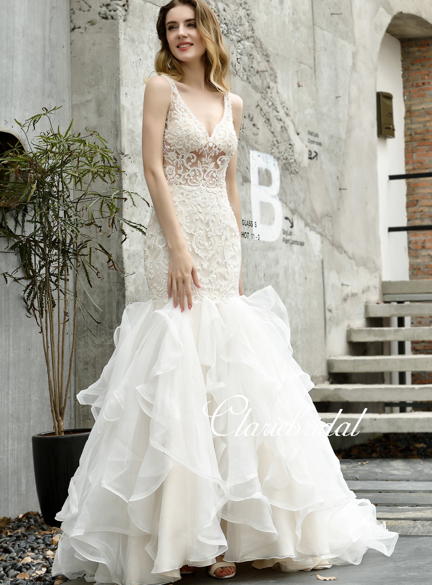 V-neck Long Mermaid Lace Beaded Wedding Dresses, Elegant Long Bridal Gown, Wedding Dresses