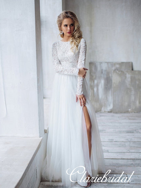 Long Sleeves Lace Top A-line Tulle Side Slit Wedding Dresses