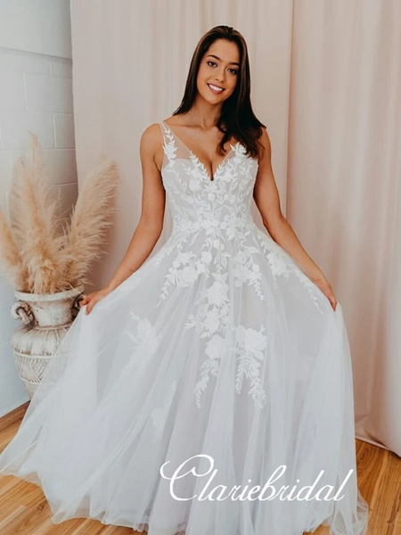 V-neck Long A-line Lace Tulle Wedding Dresses, Long Bridal Gown, Ivory Lace Wedding Dresses