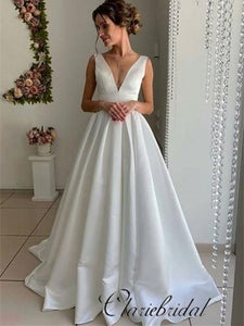 V-neck Sleeveless A-line Ivory Satin Long Wedding Dresses