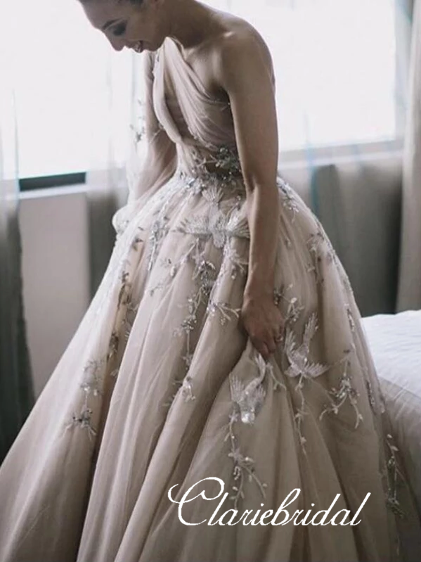 One Shoulder Long A-line Tulle Lace Appliques Wedding Dresses, Gorgeous Bridal Gown, Wedding Dresses