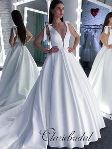 V-neck A-line Ivory Satin Wedding Dresses, Bridal Gown, Elegant Wedding Dresses