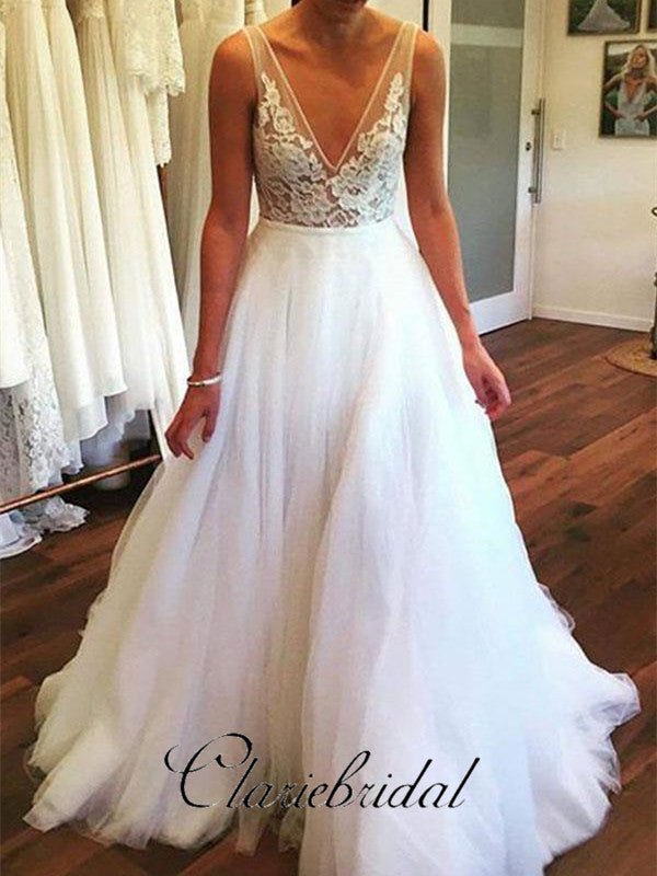 V-neck Lace Top A-line Tulle Wedding Dresses, Bridal Gown