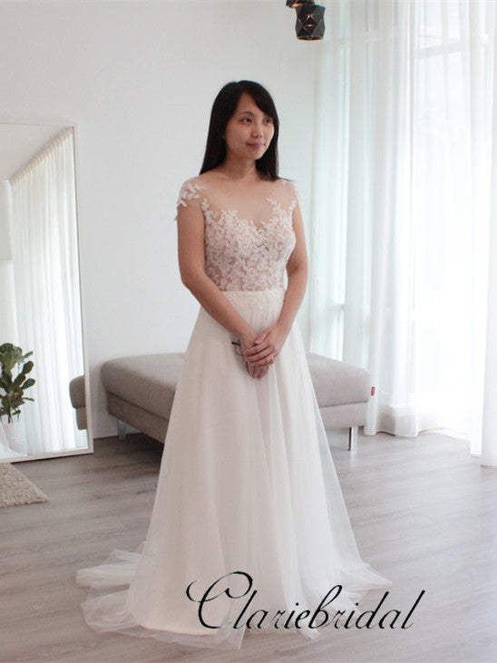 Cap Sleeves A-line Simple Lace Tulle Wedding Dresses