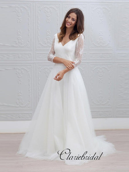 Elegant Long A-line Lace Tulle Wedding Dresses, Open Back Bridal Gown