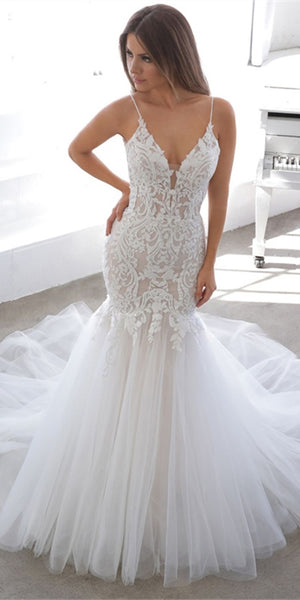 Spaghetti Long Mermaid Lace Tulle Wedding Dresses, Lace Mermaid Wedding Dresses, Newest 2020 Wedding Gown