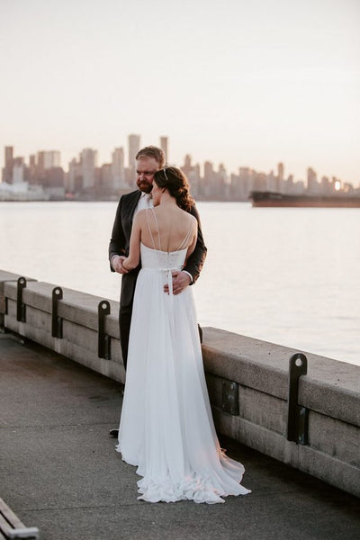 Simple V-neck Lace Chiffon Wedding Dresses, Bridal Gown