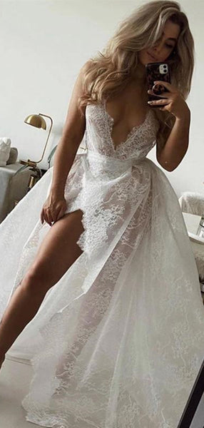 Deep V-neck Lace A-line Wedding Dresses, See Through Sexy Wedding Dresses, Bridal Gowns