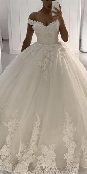 Off Shoulder A-line Lace Tulle Wedding Dresses, Ball Gown Dresses, Popular Wedding Gown