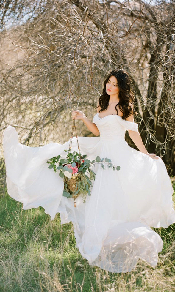 Off Shoulder Simple Chiffon Wedding Dresses, Country Wedding Dresses,   ClaireBridal