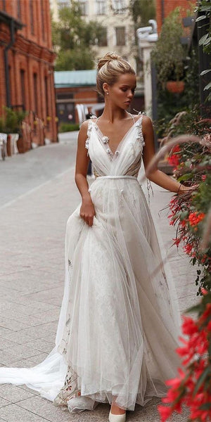 V-neck Tulle Floral Wedding Dresses, Newest 2020 Wedding Dresses, Popular Bridal Gown,