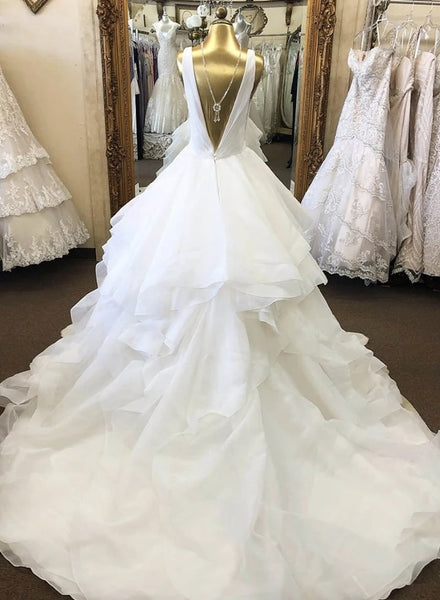 V-neck Long A-line Organza Wedding Dresses, Rhinestone Beaded Bealt Wedding Dresses, Bridal Gown