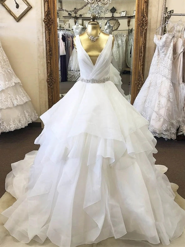 V-neck Long A-line Organza Wedding Dresses, Rhinestone Beaded Bealt We ClaireBridal V-neck Long A-line Organza Wedding Dresses, Rhinestone Beaded Bealt We ClaireBridal