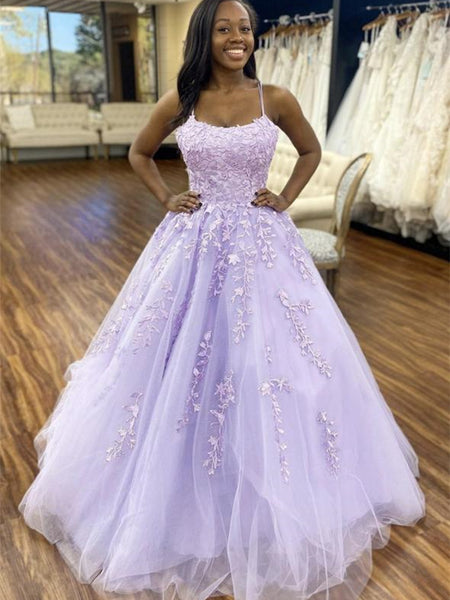 Long A-line Lilac Lace Tulle Prom Dresses, Popular Lace Prom Dresses, Long Prom Dresses