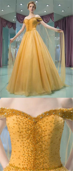 Off Shoulder A-line Yellow Prom Dresses, Beaded Prom Dresses, Affordable Prom Dresses