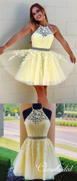 Lovely Yellow Lace Beaded Short Prom Dresses, Popular Homecoming Dresses