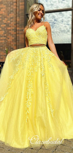 2 Pieces Yellow Lace Beaded Prom Dresses, Tulle Prom Dresses, Long Prom Dresses, Cheap Prom Dresses