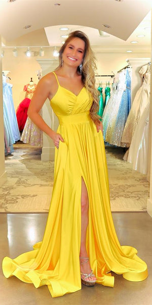 Spaghetti Long A-line Yellow Elastic Satin Prom Dresses, Simple Chic 2021 Prom Dresses